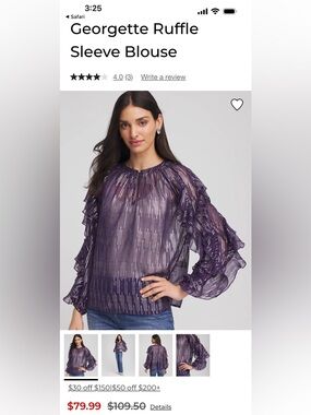 Chico's Sheer Metallic-Striped Georgette Ruffle Blouse - Purple